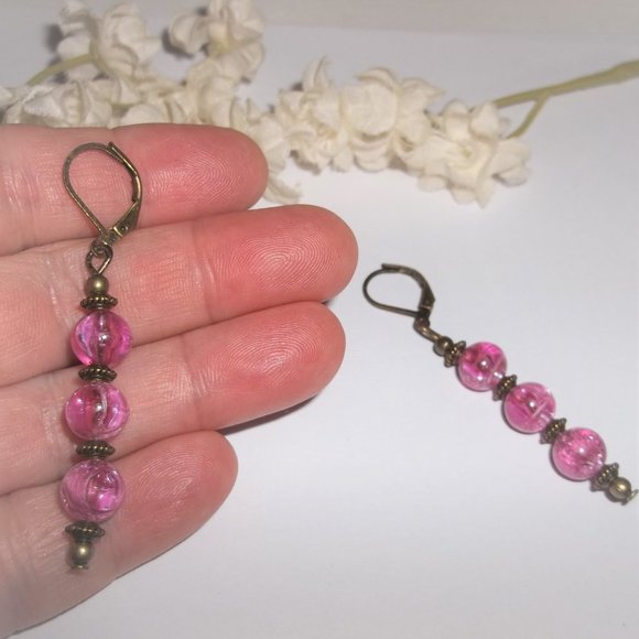Boho Earrings Fashion Accessory Jewelry Pink and Bronze Gift Idea for Her 6935 - Picture 5 of 7